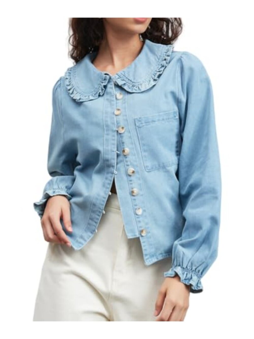Puff Long Sleeve Denim Shirt Peter Pan Collar Button Down Blouse with Pockets